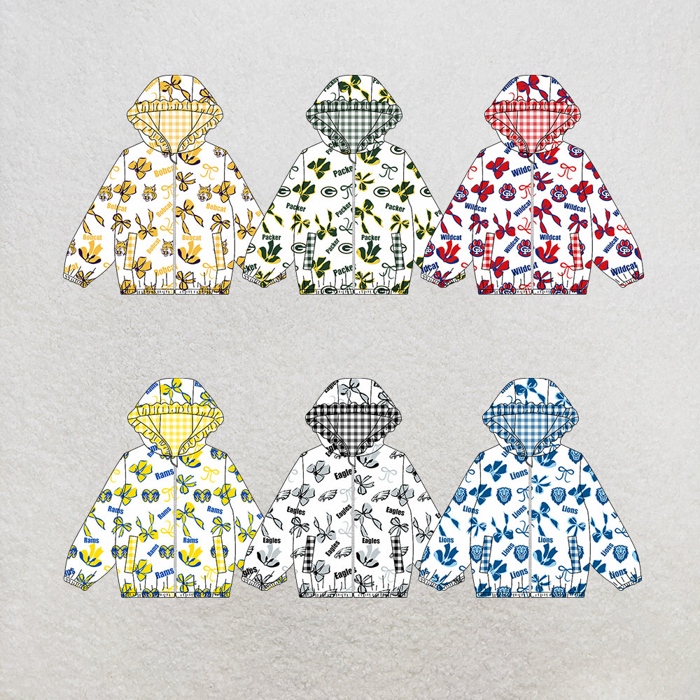 custom moq 5 mix size MSD072403 Baby Girls Bow Print White Long Sleeve Zipper Hooded Team Casual Jacket Top