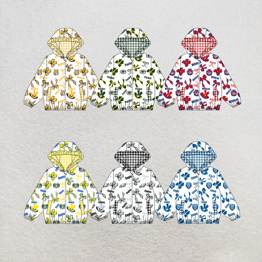custom moq 5 mix size MSD072403 Baby Girls Bow Print White Long Sleeve Zipper Hooded Team Casual Jacket Top
