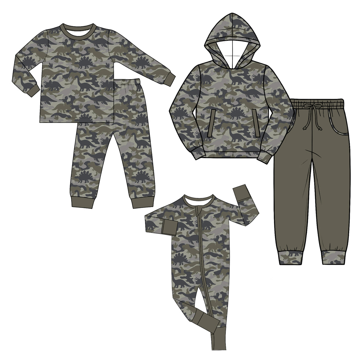 (Preorder new) No moq Baby Kids Camo Dinosaur Print Clothing Set Toddler Long Sleeve Top Hoodie And Zipper Romper Outfit