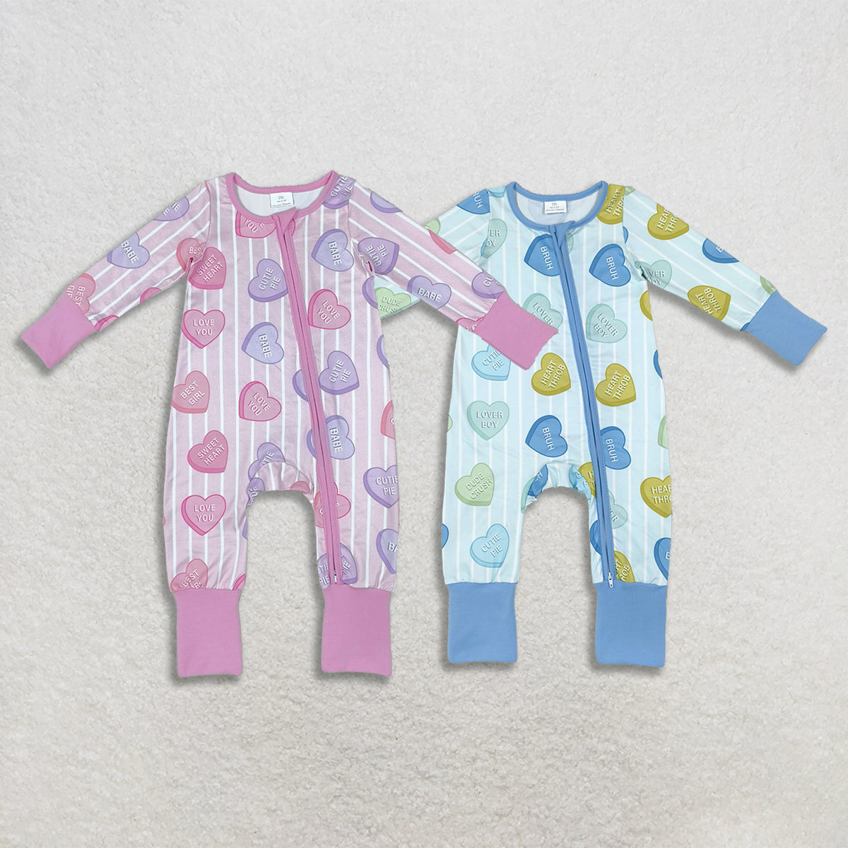 RTS NO MOQ Sibling milk silk Baby Girls And Boys Valentines Day Heart Print Striped Long Sleeve Zip Up Romper