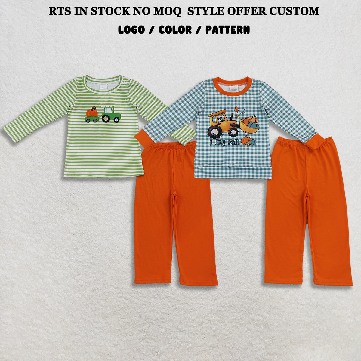 RTS NO MOQ Sibling milk silk Baby Boys Fall Tractor Pumpkin Print Long Sleeve Top And Orange Pants Set