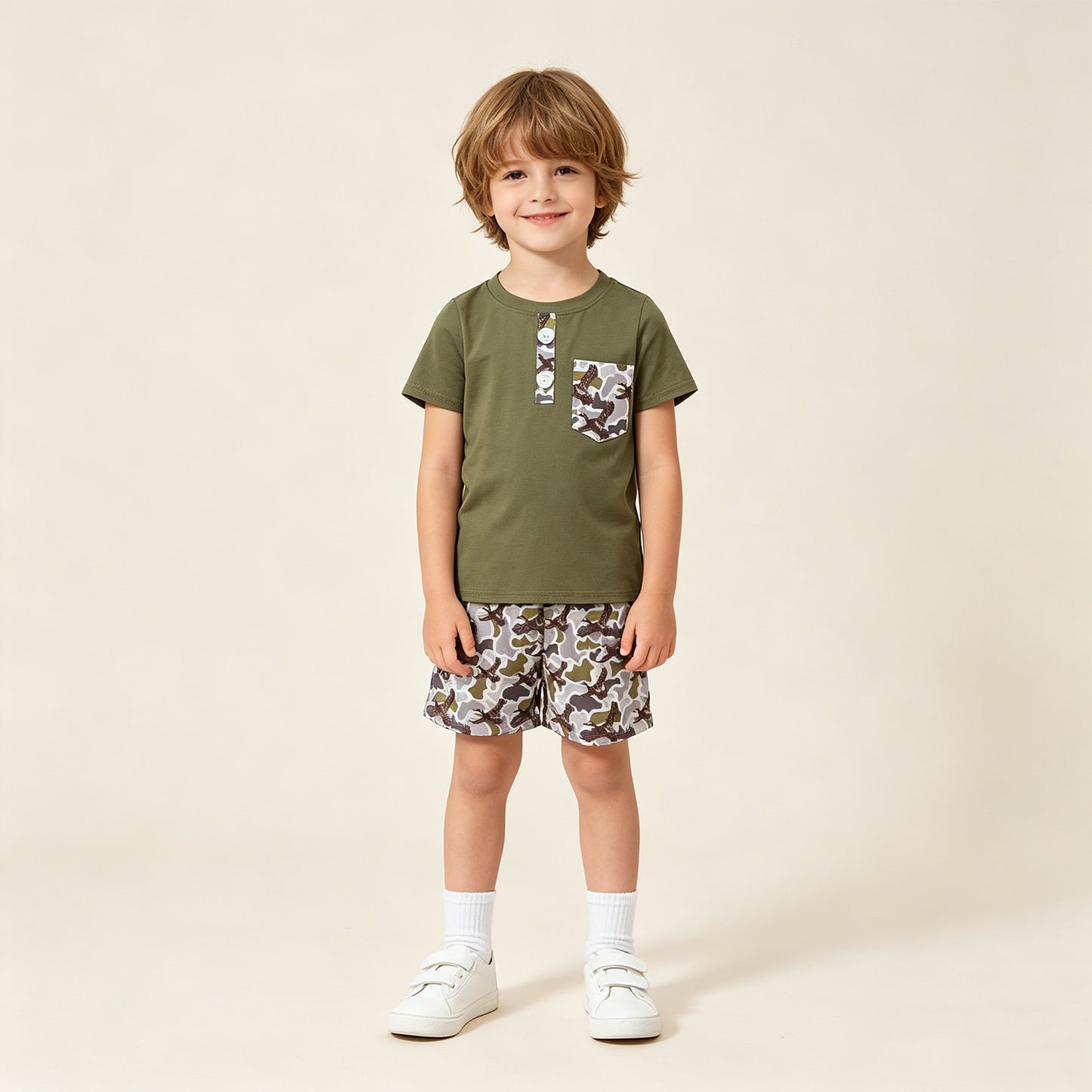 RTS NO MOQ BSSO1856 Baby Boys Ducks Camo Shorts Set Olive Button Pocket Top Daily Hunting Wear