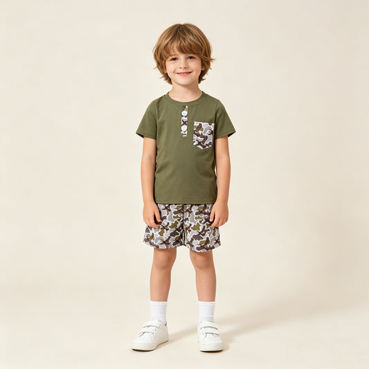 RTS NO MOQ BSSO1856 Baby Boys Ducks Camo Shorts Set Olive Button Pocket Top Daily Hunting Wear