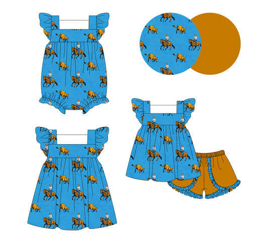 4.3 custom each style moq 5eta 4-6week Sibling Sisters riding horse blue baby girl short sleeve shorts sets and dress and rompers match family design