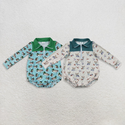 RTS NO MOQ Sibling milk silk Baby Boys Hunting Duck Plaid Long Sleeve Zip Rompers