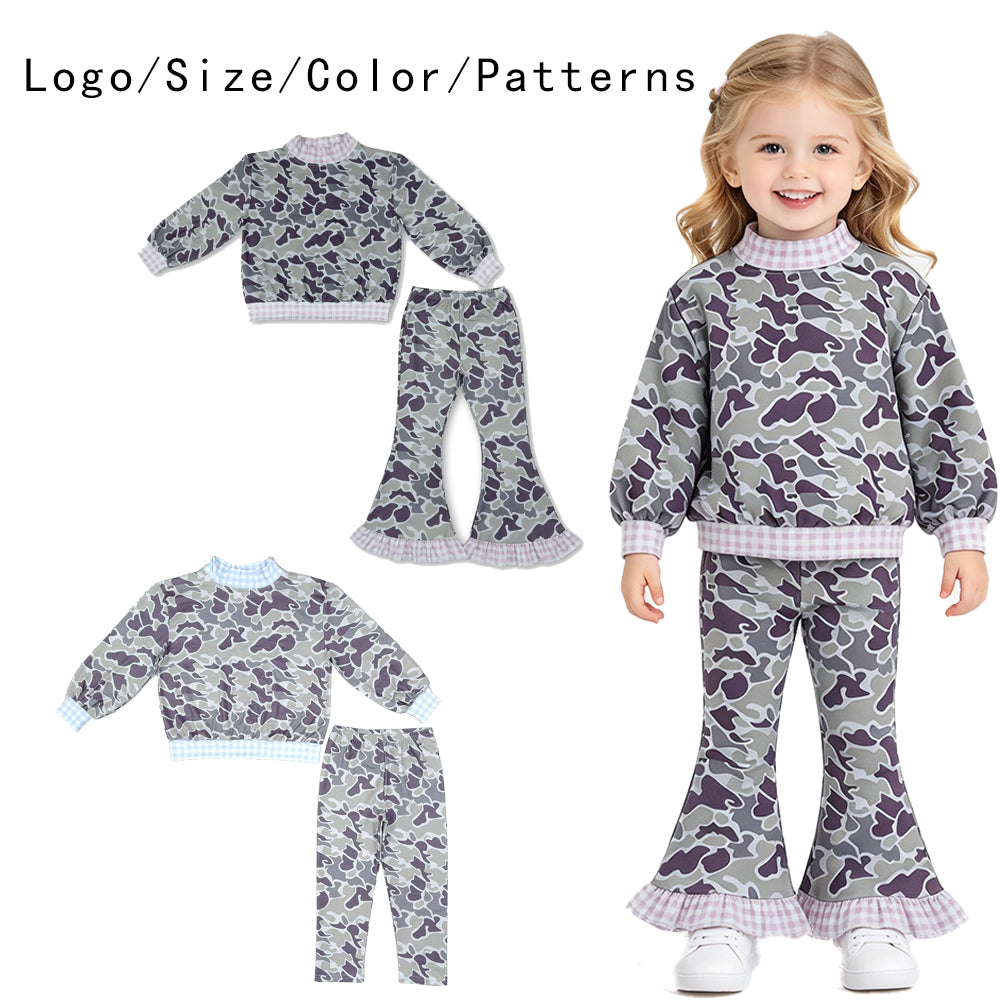RTS NO MOQ Sibling milk silk High Neck Baby Girls And Boys Grey Camo Print Gingham Trim Long Sleeve Top And Pants Set