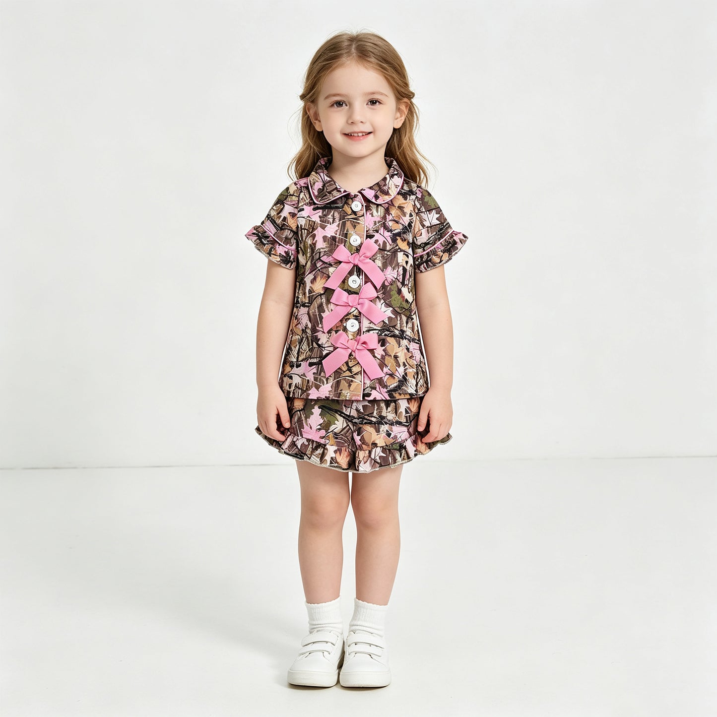NEW RTS NO MOQ milk silk GSSO3364 Baby Girls Western Hunting Leaves Camo Button Ruffle Shorts Pajama Sets