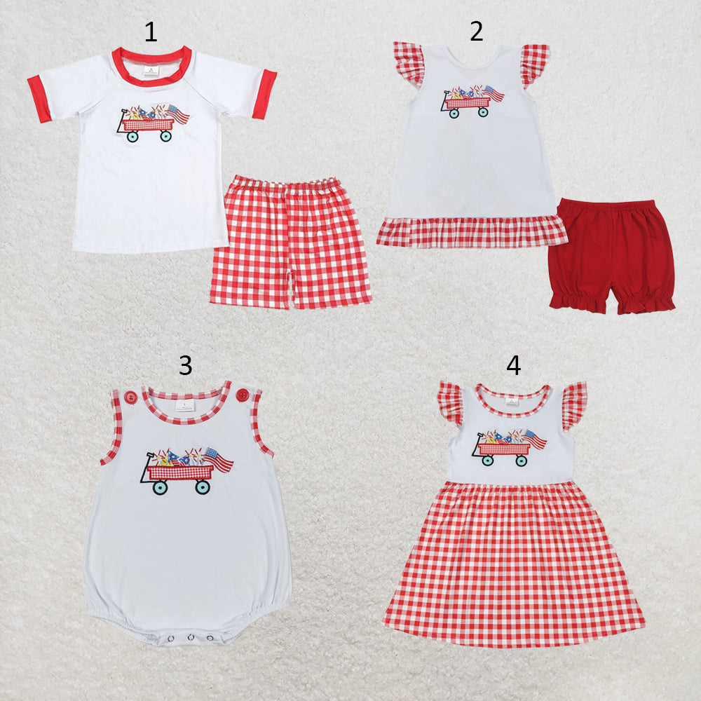 RTS NO MOQ Sibling milk silk Baby Girls Boys Summer 4th Of July Flag And Tractor Print Top Red Checkered Shorts Clothes Set Dress Rompers