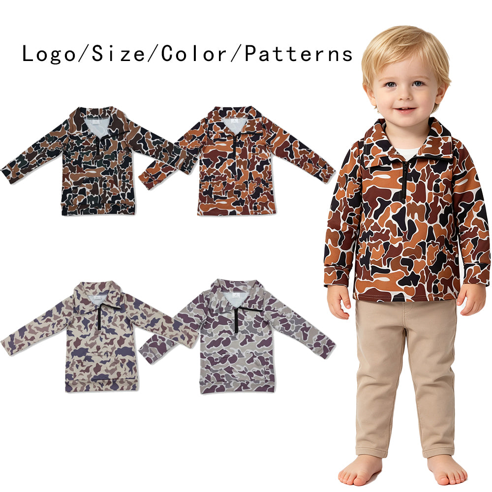 RTS NO MOQ Sibling milk silk Baby Boys Camo Half Zip Collared Long Sleeve Shirt