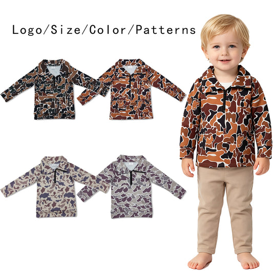 RTS NO MOQ Sibling milk silk Baby Boys Camo Half Zip Collared Long Sleeve Shirt