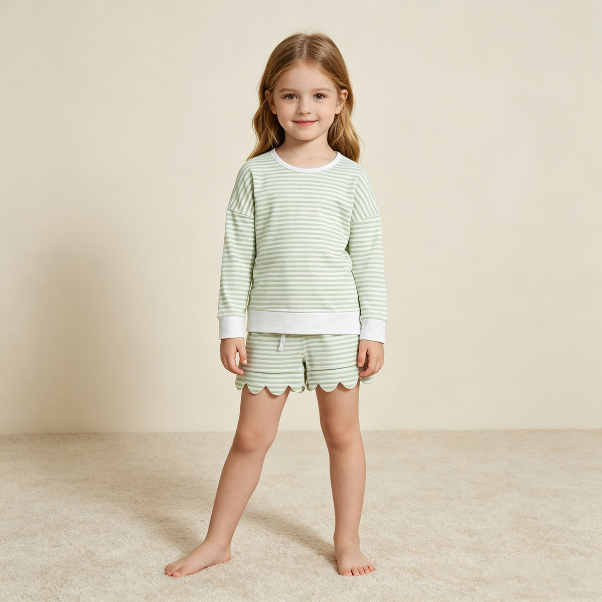 NEW RTS NO MOQ yoga fabric GLS0154 Yoga Baby Girls Green Stripe Shirt Top Scallop Short Yoga Active Set