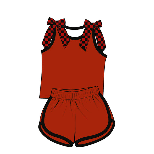 custom moq 5 mix size Baby Girls Black Red Checked Bow Sleeveless Top Shorts Summer Casual Outfit Set