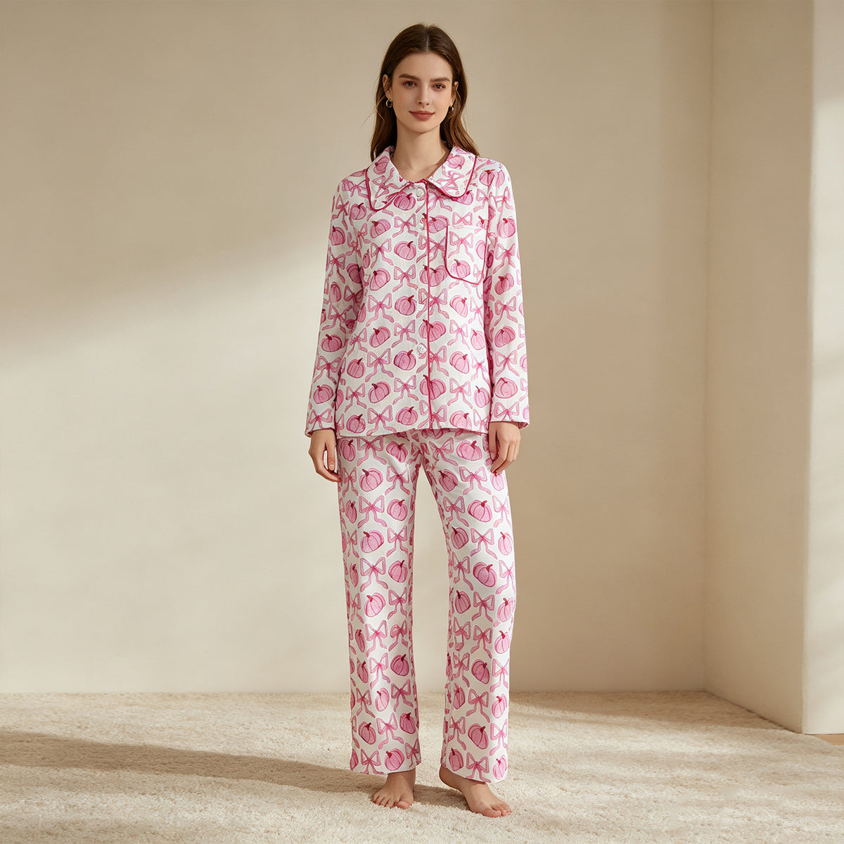 NEW RTS NO MOQ milk silk GLP3423 Adult Women Cute Bow Pumpkin Print Button Front Long Sleeve Top Pocket Pant Fall Pajama Set