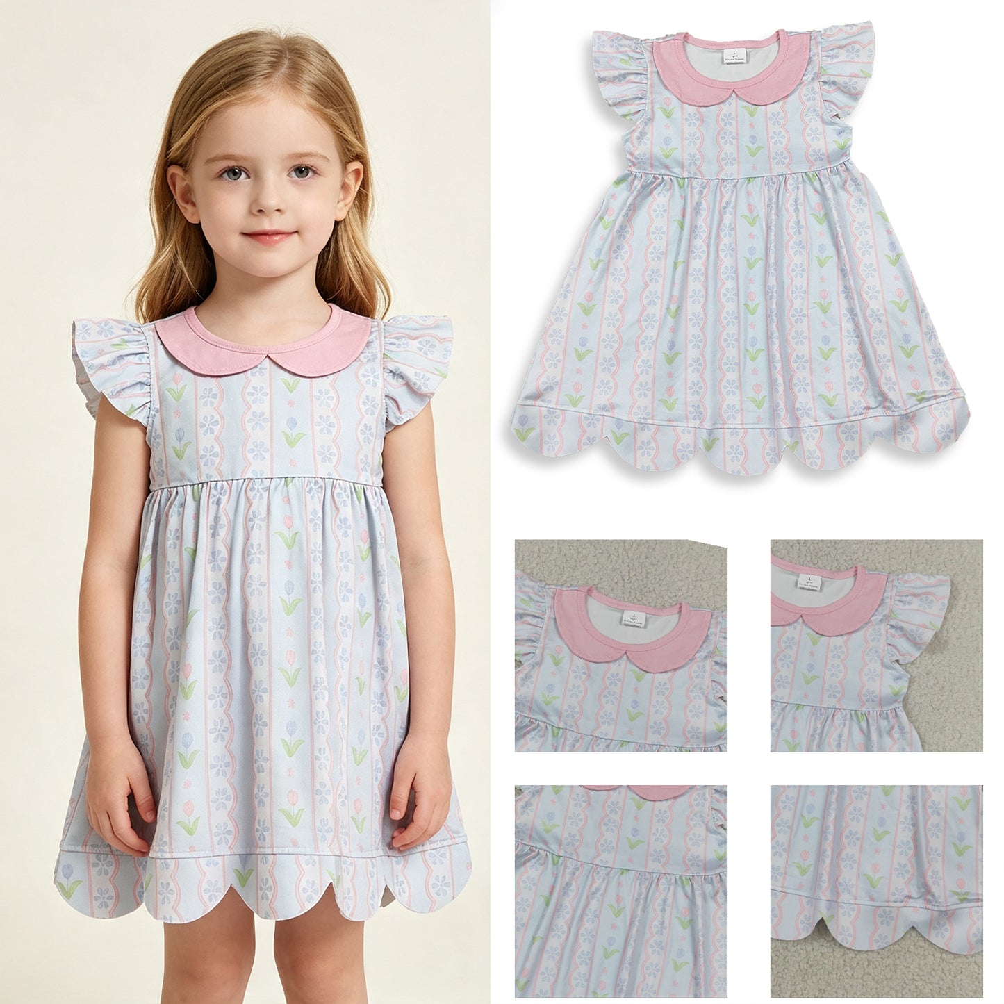 RTS No moq milk silk GSD3867 Baby Girls Flutter Sleeve Flowers Stripe Collar Scallop Knee Length Dresses