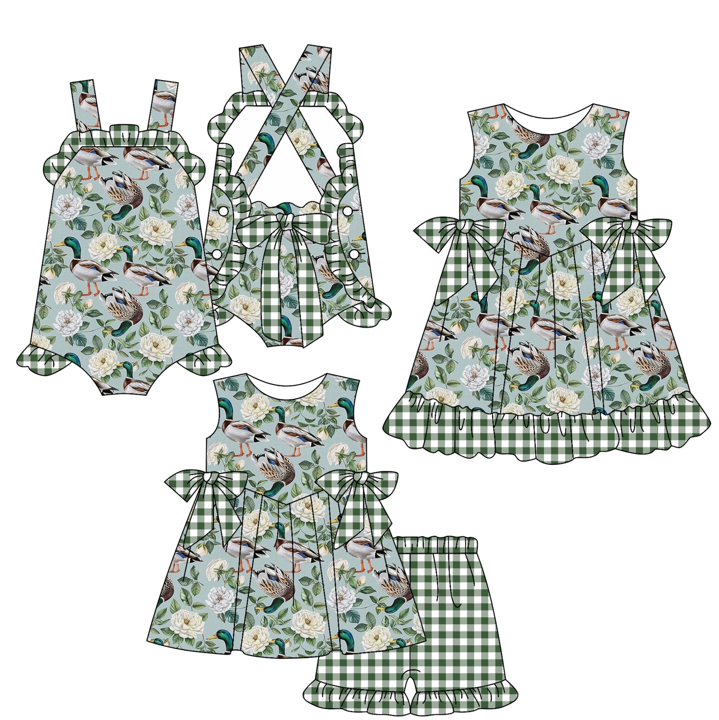 2.21 custom each style moq 5eta 4-6week Sibling Sisters duck floral baby girl short sleeve shorts sets and dress and rompers match family design