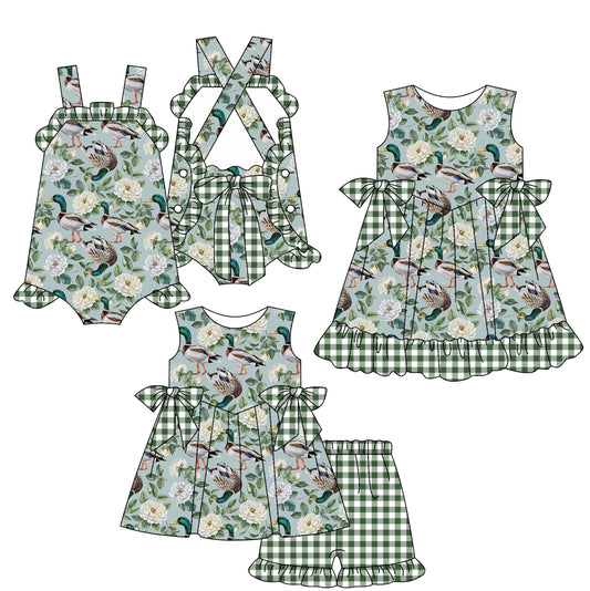 2.21 custom each style moq 5eta 4-6week Sibling Sisters duck floral baby girl short sleeve shorts sets and dress and rompers match family design