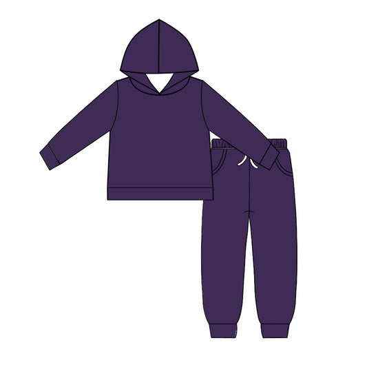 Custom moq 5 Boys blank cotton fabric hoodie joggies Deep purple hooded top and trousers set