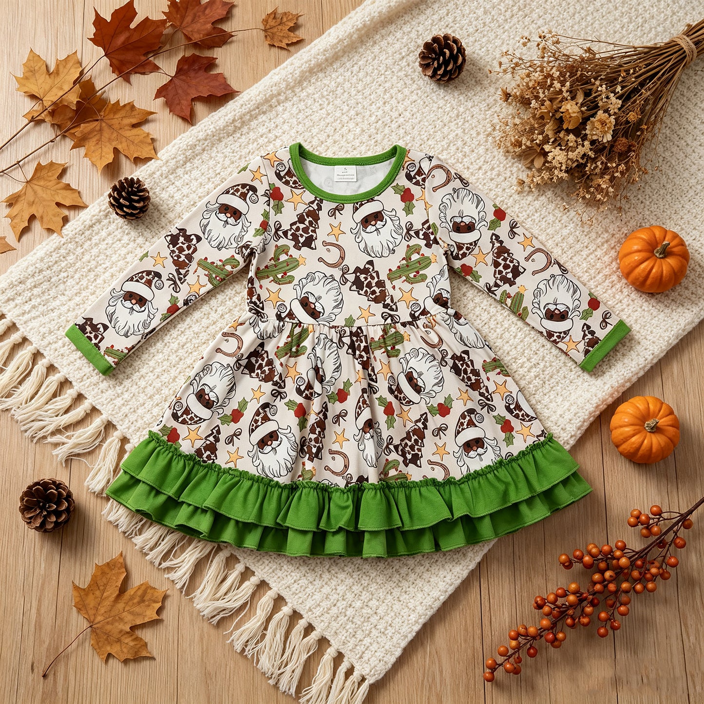 NEW RTS NO MOQ milk silk GLD1213 Baby Girls Cute Long Sleeves Santa Cactus Plaid Ruffle Knee Length Dresses