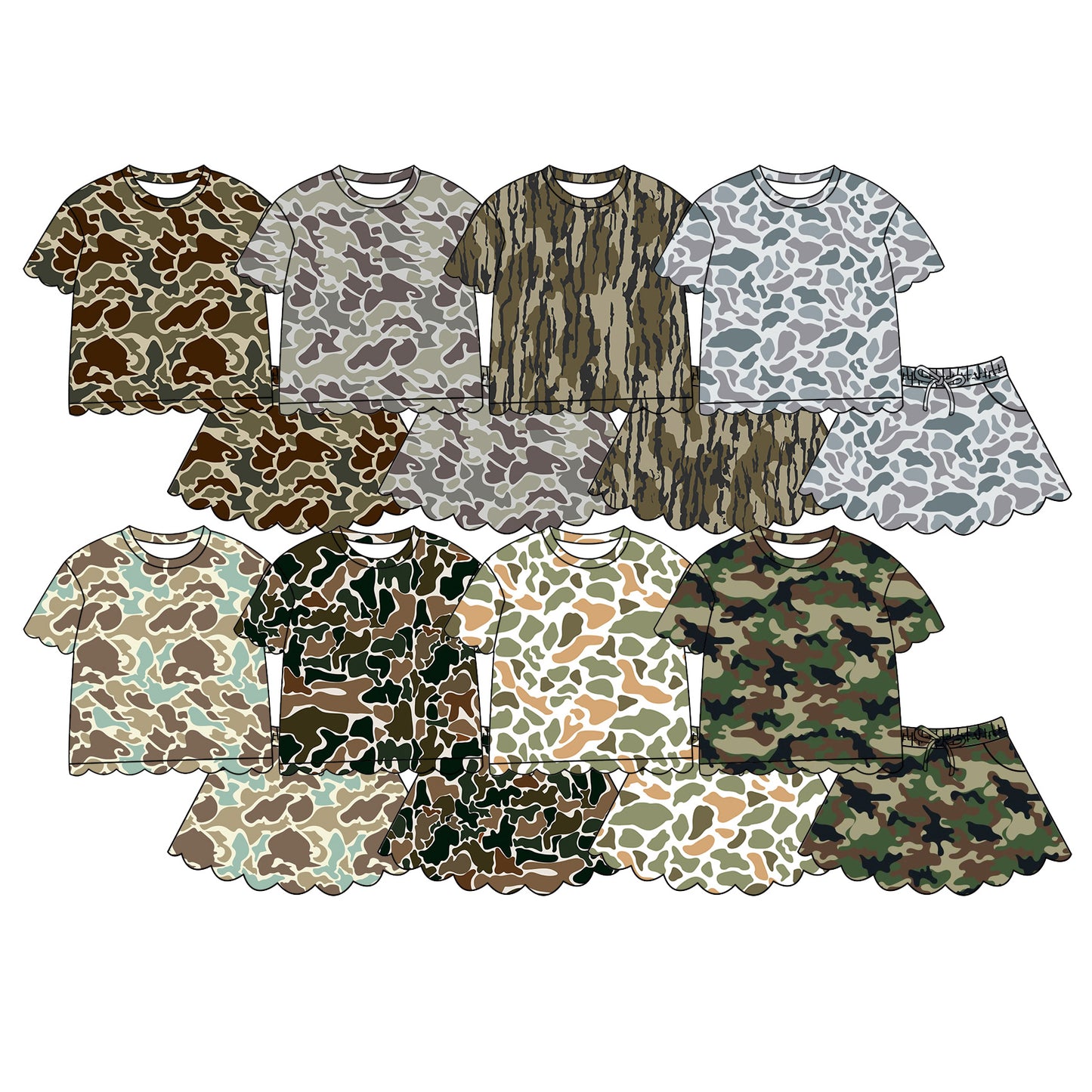 (Pre Order) No moq Baby Girls Casual Camo Short Sleeve Top Scallop Pockets Skirt Shorts Bottom Sets
