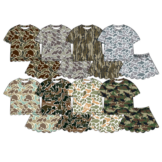 (Pre Order) No moq Baby Girls Casual Camo Short Sleeve Top Scallop Pockets Skirt Shorts Bottom Sets