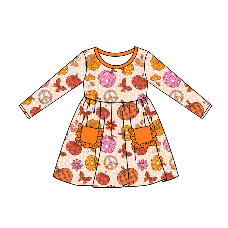 6.12 custom each style moq 5eta 4-6week Sibling Sister pumpkin orange baby girls sets and dress and baby romper match family design