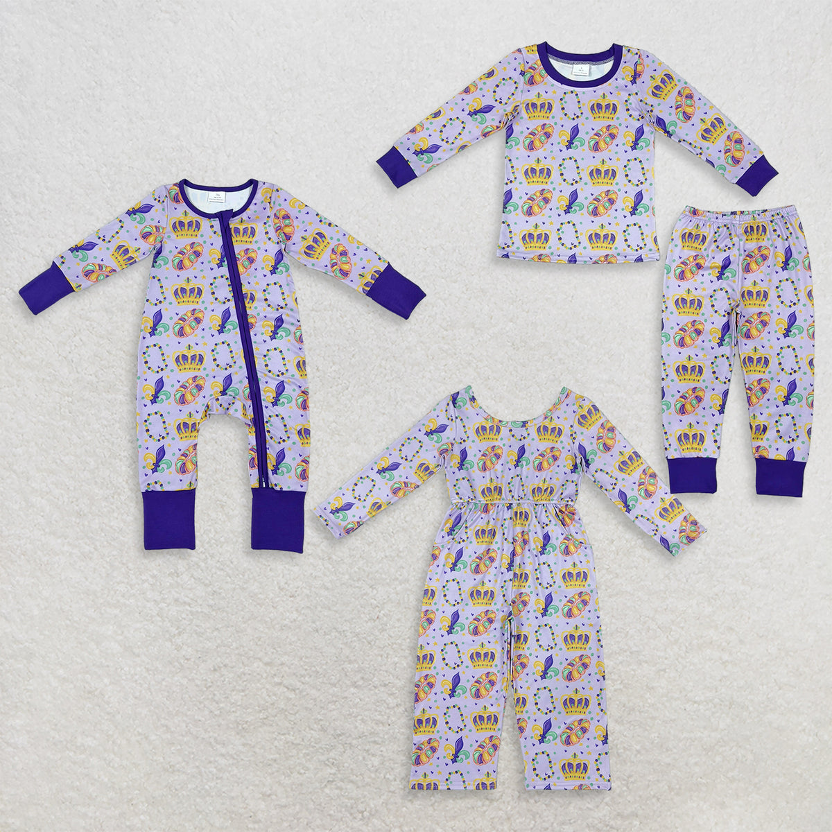 RTS NO MOQ Sibling milk silk Baby Boys Print Purple Zipper Romper And Toddler Long Sleeve Top Pants Pajama Set Jumpsuits