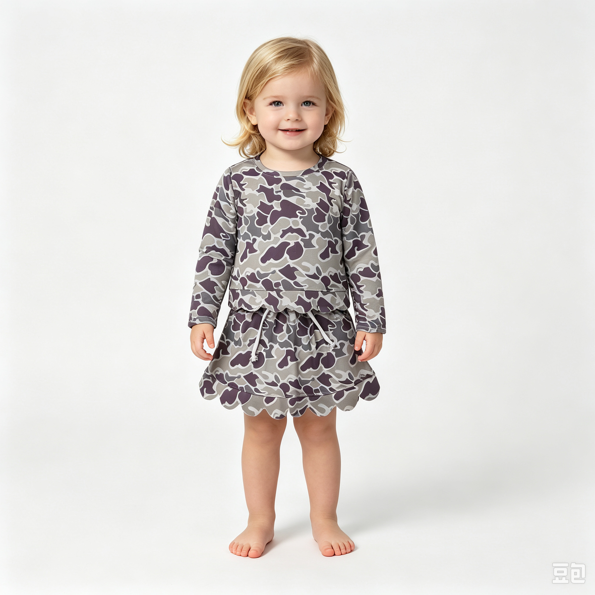 RTS NO MOQ Sibling milk silk Baby Girls Camo Print Scalloped Hem Long Sleeve Top And Skort Set