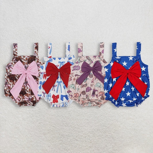 RTS NO MOQ Sibling Baby Girls Cow Straps Rompers with Big Bows 4th of July Outfit