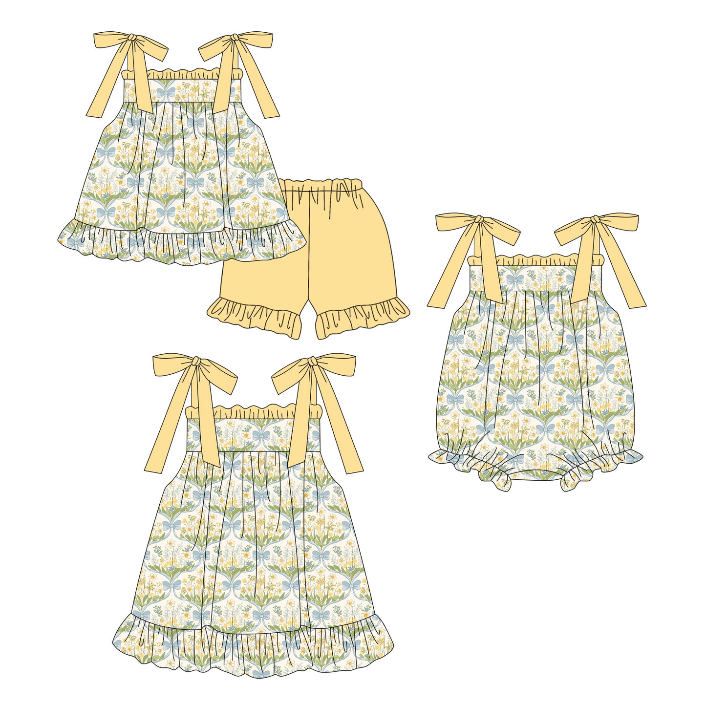 4.3 Custom moq 5 mix size Sibling Baby Girl's Strap Top And Yellow Short Set Cute Romper Dress for Summer