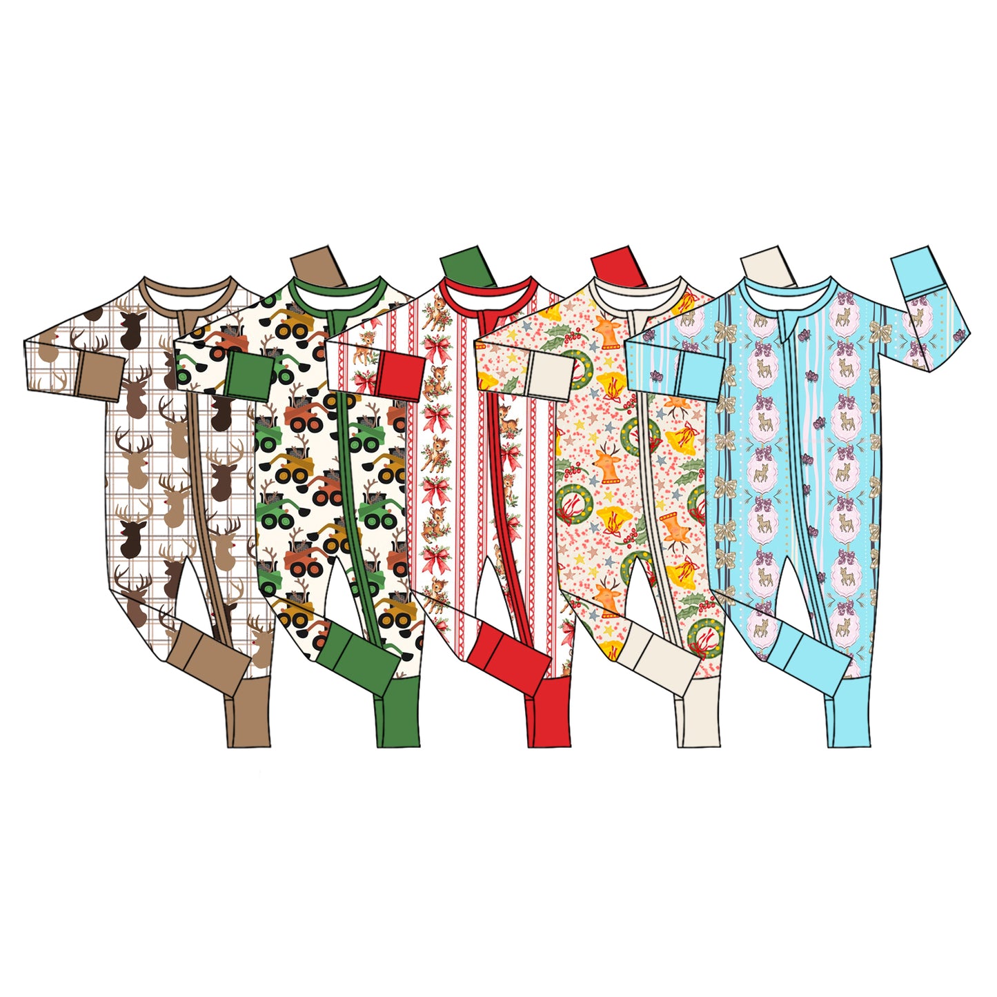 (Preorder new) No moq Baby Christmas Reindeer Wreath Bell Print Long Sleeve Zipper Romper