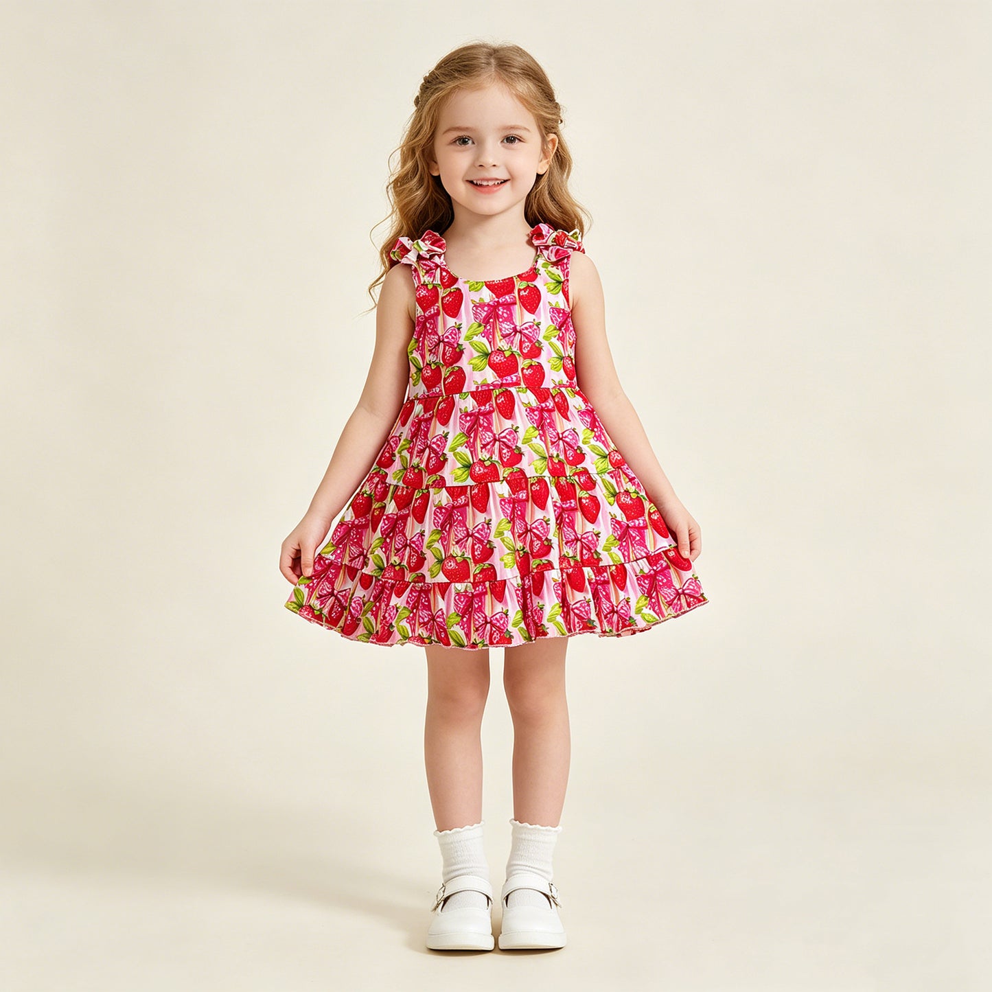 RTS NO MOQ milk silk GSD3964 Baby Girls Cute Strawberry Patchwork Bows Strap Knee Length Dress