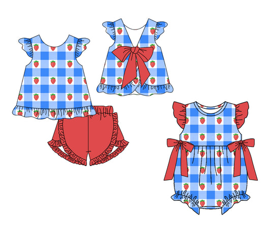 3.14 Custom moq 5 mix size Sibling Baby Girl's Blue Plaid Flutter-Sleeved Top And Red Shorts Set with Matching Flutter-Sleeved Romper Outfit Set