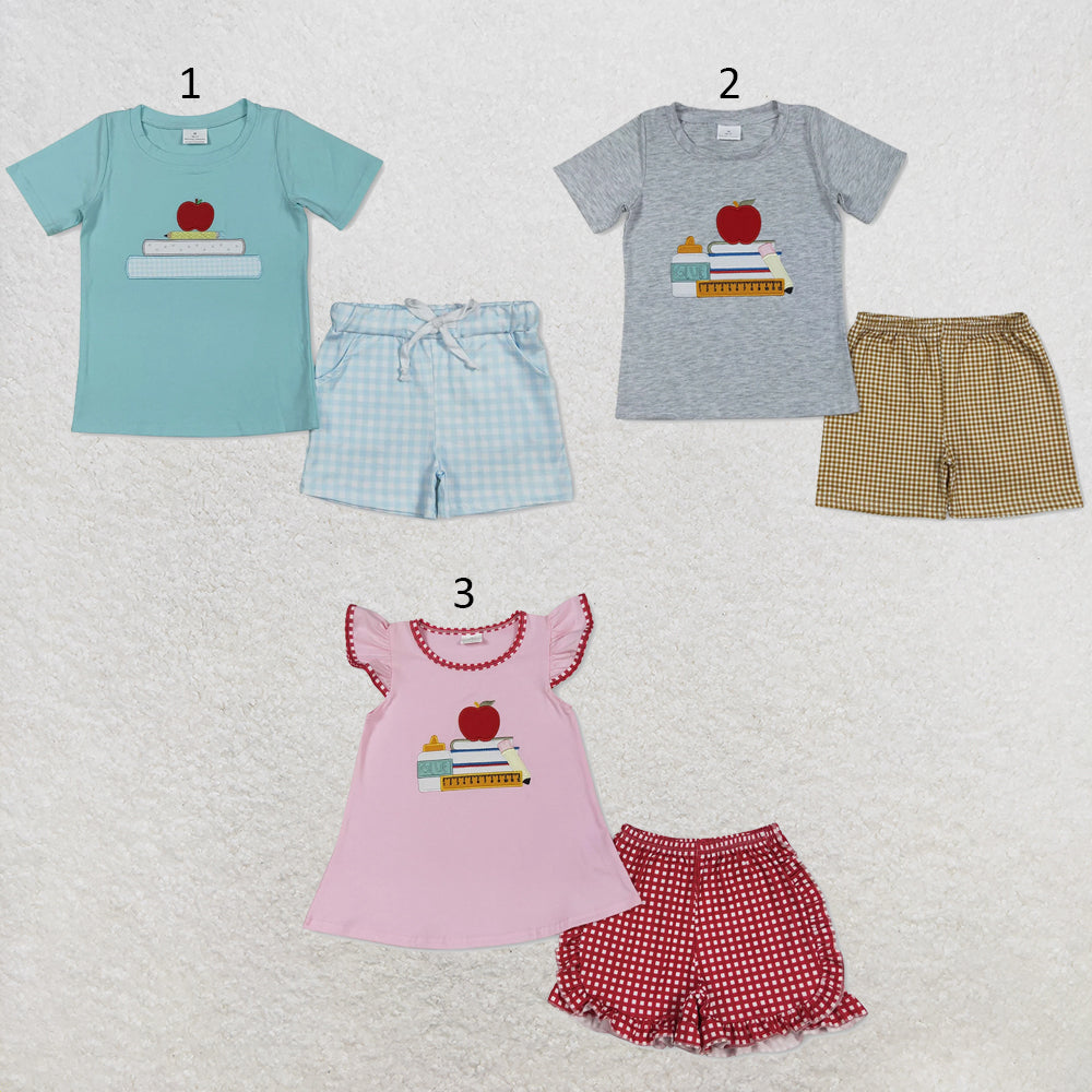 RTS NO MOQ Sibling milk silk Baby Girls Boys Embroidery Apple Pencil Top With Pockets Shorts Back To School Clothes Sets