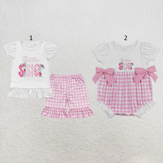 RTS NO MOQ Sibling milk silk Baby Girls Little Sister Shirts Ruffle Shorts Clothes Sets Pink Checkered Rompers
