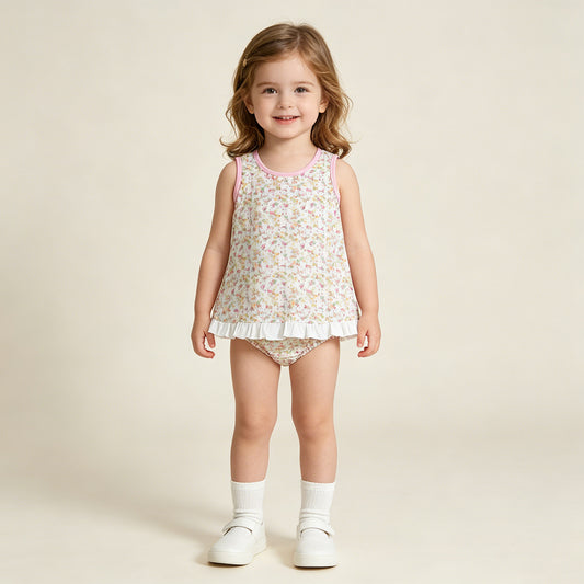 RTS NO MOQ milk silk GBO0518 Baby Girls Summer  Sleeveless Floral Print Back Bow Tunic Bummies Sets