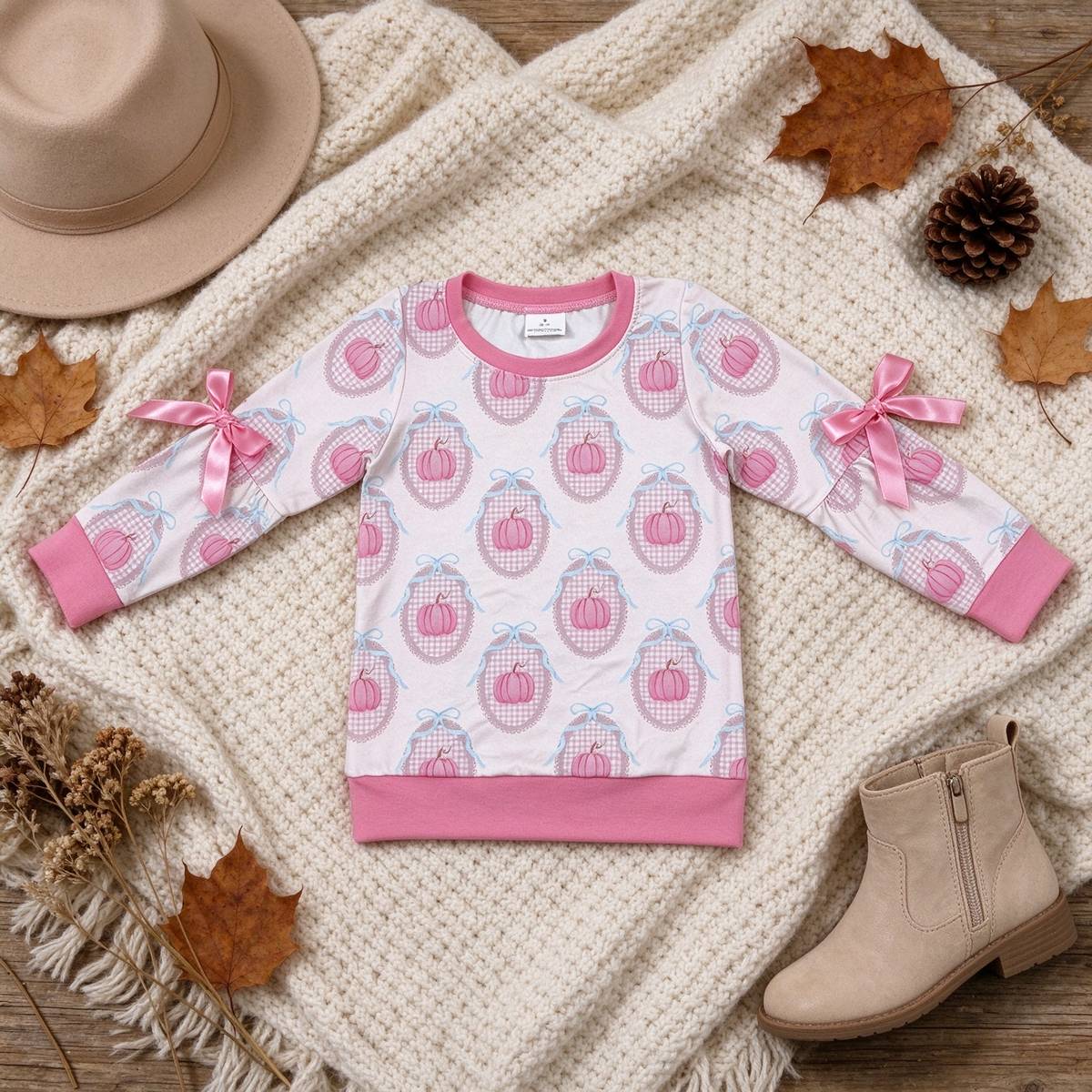 NEW RTS NO MOQ milk silk GT1657 Baby Girls Long Sleeve Pink Bows Pumpkins Checked Print Fall Casual T‑shirt Top