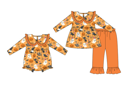 25.7.25 custom each style moq 5eta 4-6week Sibling Sister pumpkin baby girl long sleeve pants sets and rompers match family design