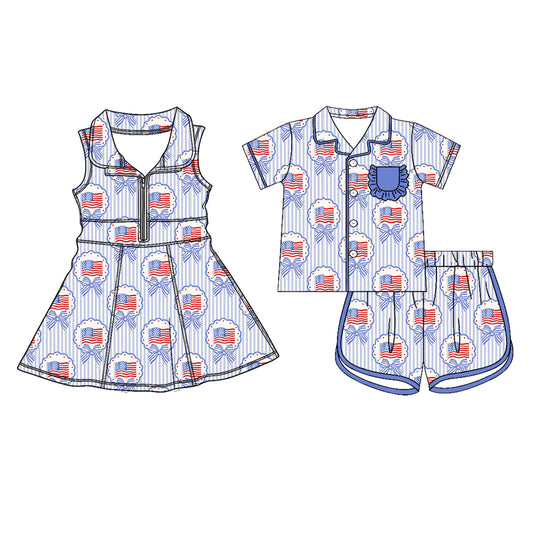 26.1.22 custom each style moq 5 eta 6-8week Sibling Sister flag bow baby short sleeve shorts sets and dress match design
