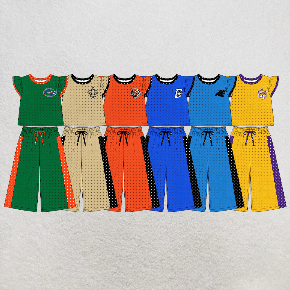 custom moq 5 mix size XY071403 Baby Girls Flutter Sleeve Top Bell Bottom Flare Pants Team Clothes Set