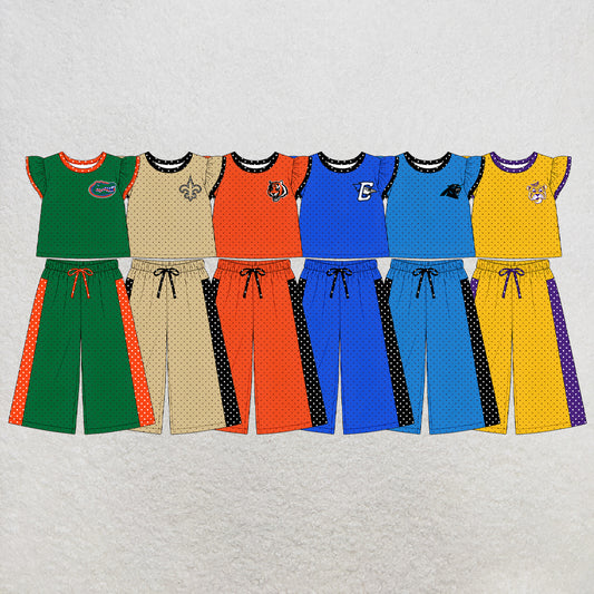 custom moq 5 mix size XY071403 Baby Girls Flutter Sleeve Top Bell Bottom Flare Pants Team Clothes Set