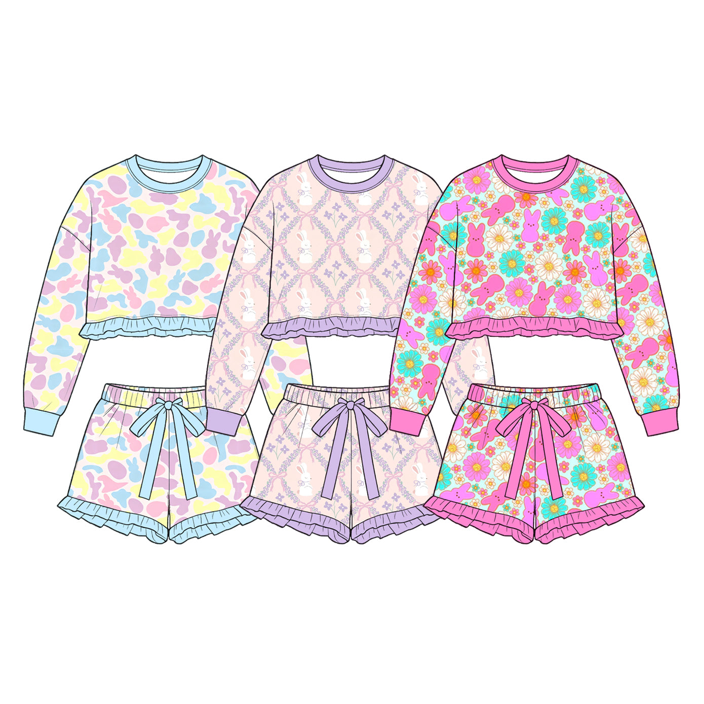 (Preorder new) No moq Toddler Girls Easter Bunny Camo Print Ruffle Crop Long Sleeve Top And Drawstring Ruffle Shorts Spring Pajamas Clothes Set