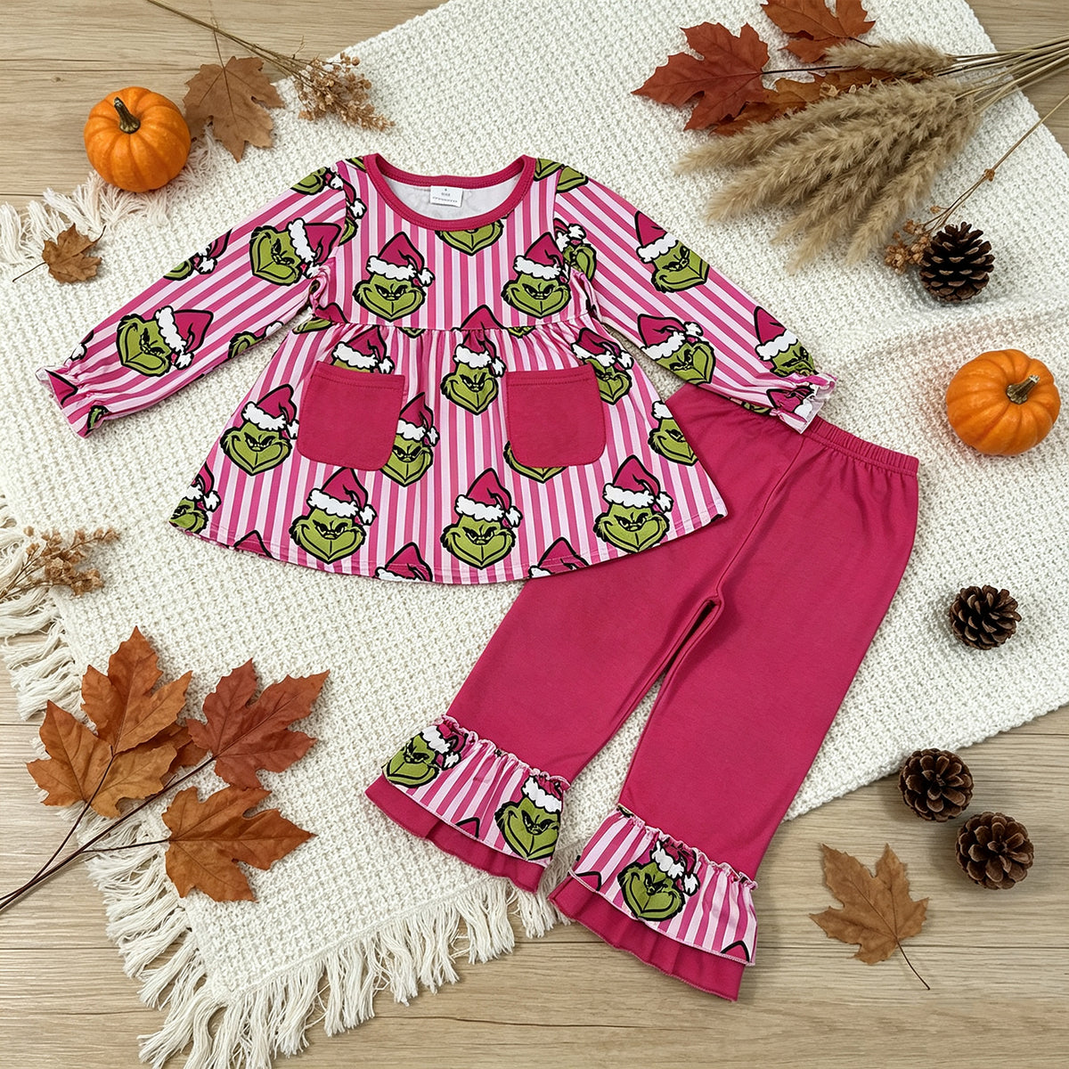 NEW RTS NO MOQ milk silk GLP3458 Baby Girls Pink Stripe Frogs Pockets Tunic Ruffle Pant Christmas Set