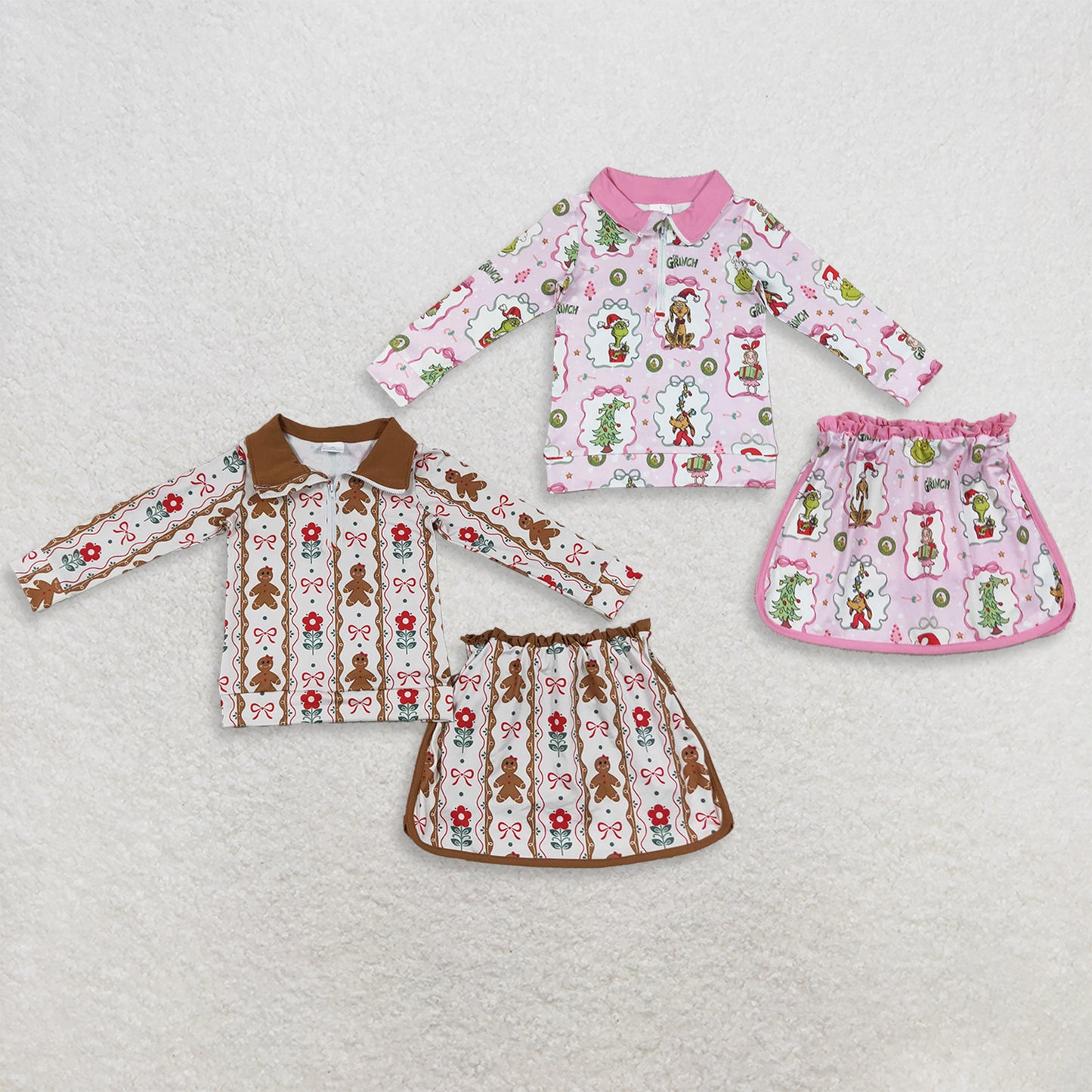 RTS NO MOQ Sibling milk silk Baby Girls Floral Gingerbread Bow Print Zip Front Top Skort Two Piece Christmas Outfit Set