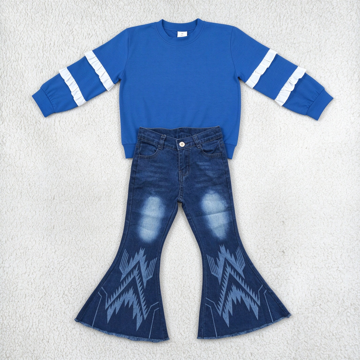 NEW RTS NO MOQ Denim GT1860+ P0126 Baby Girls Royal Blue Ruffle Sleeve Top Aztec Denim Bell Pants Jeans Set