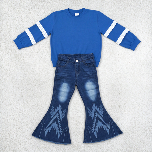 NEW RTS NO MOQ Denim GT1860+ P0126 Baby Girls Royal Blue Ruffle Sleeve Top Aztec Denim Bell Pants Jeans Set