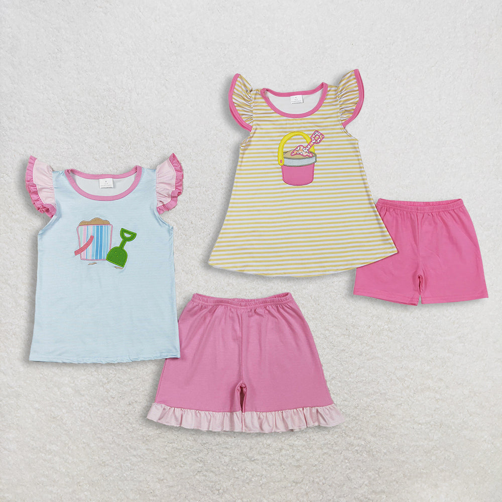 RTS NO MOQ Sibling Embroidery Beach Baby Girls Outfit Set with Flutter Sleeve Top And Ruffle Shorts Clothing