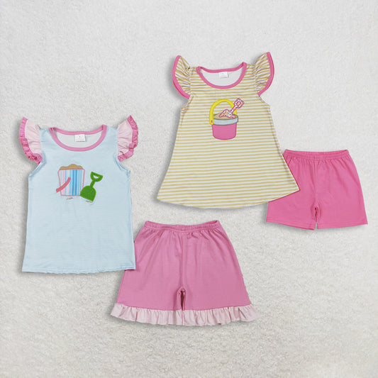 RTS NO MOQ Sibling Embroidery Beach Baby Girls Outfit Set with Flutter Sleeve Top And Ruffle Shorts Clothing