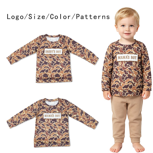 RTS NO MOQ Sibling milk silk Embroidery Baby Boys Camo Long Sleeve Shirt Daddys Boy Mamas Boy Fall Top