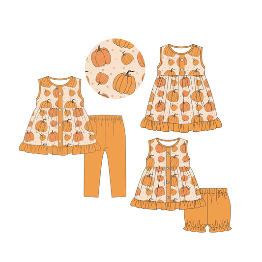4.30 custom each style moq 5eta 4-6week Sibling Sisters pumpkin baby ghort sleeve shorts sets and pants sets and dress match family design