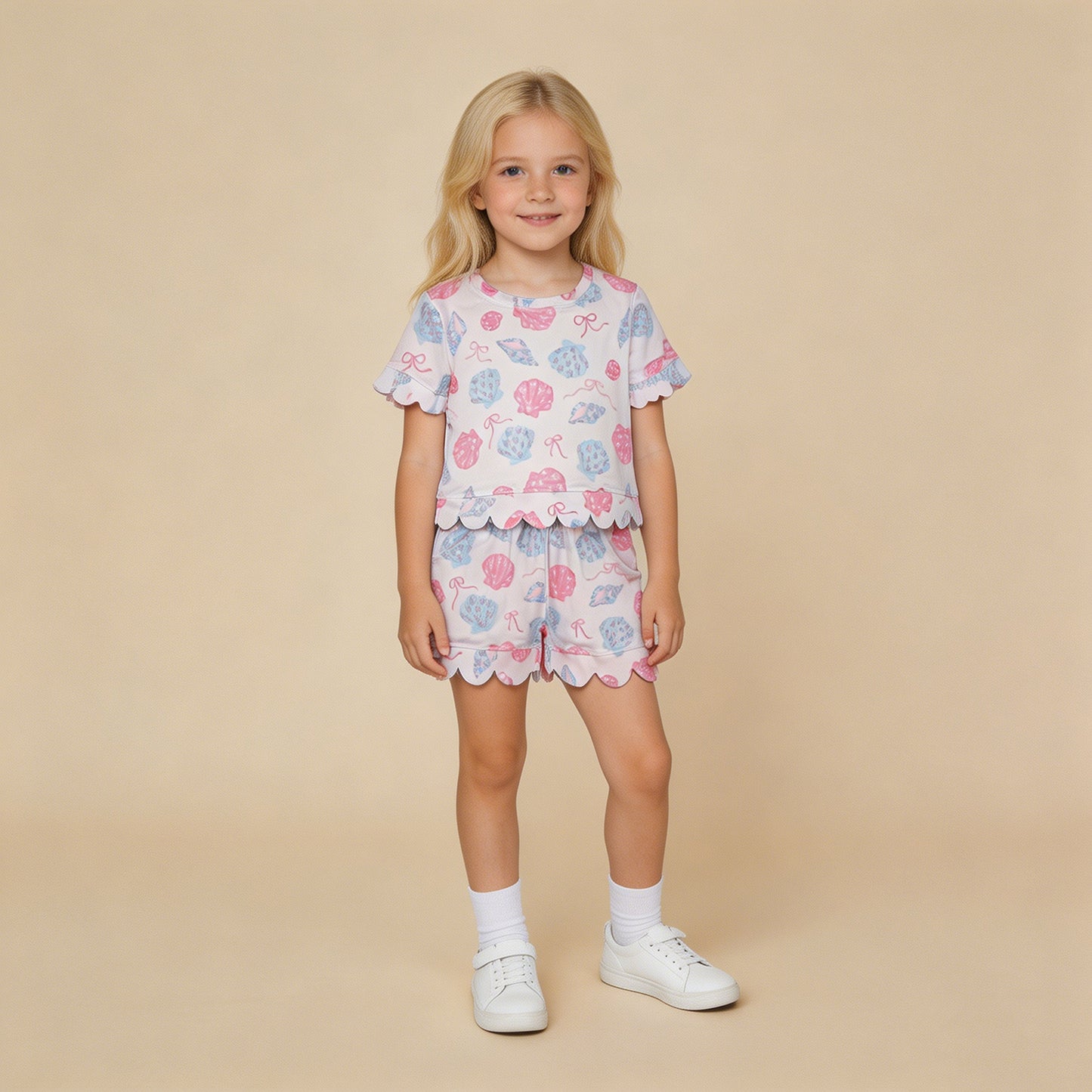 RTS NO MOQ milk silk GSSO3731 Baby Girls Bow Flower Shell Top Pocket Scallop Short Set